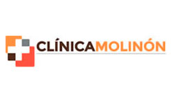 Logo de la clínica del Molinón en naranja, marrón, rojo, blanco y gris